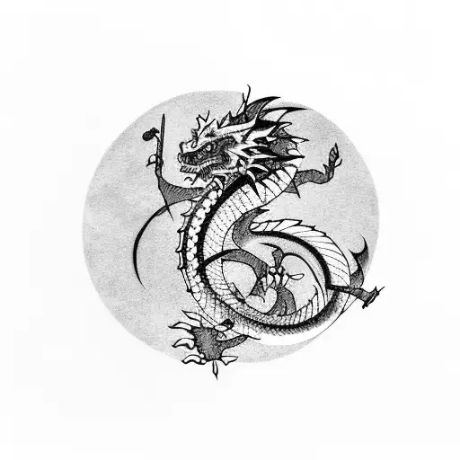 colored japanese dragon with sword tattoo design idea