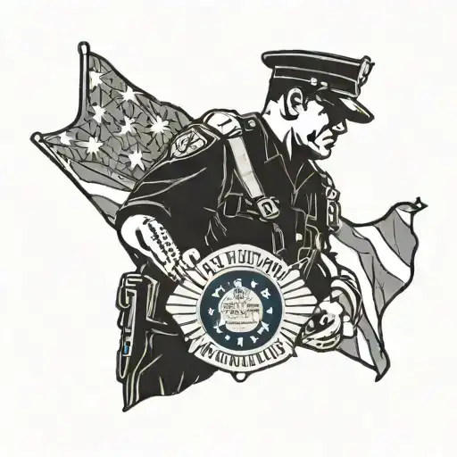 A silhouette of a police officer saluting the American flag, with family members' initials subtly incorporated in the background tattoo design idea