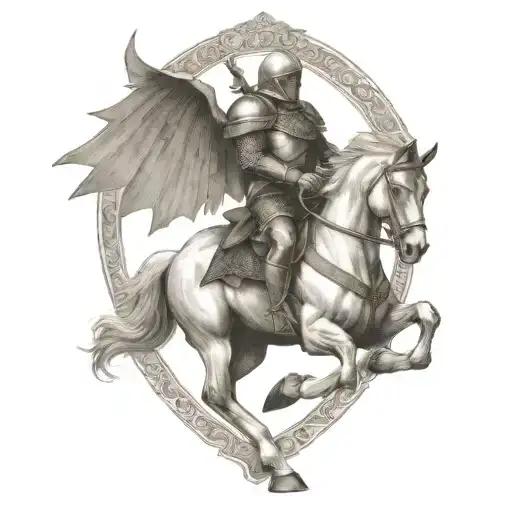 lancelot with wings riding horse jumping tattoo design idea