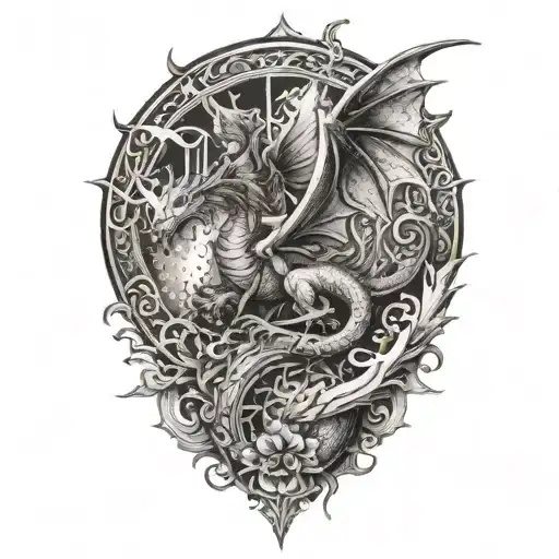 fairy with wings riding a dragon breathing fire tattoo design idea