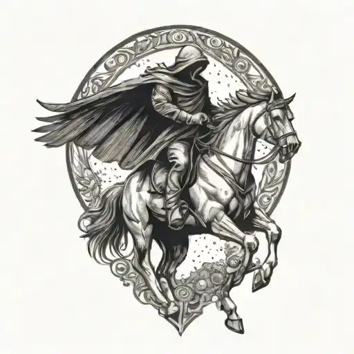 the reaper with wings riding horse galloping tattoo design idea
