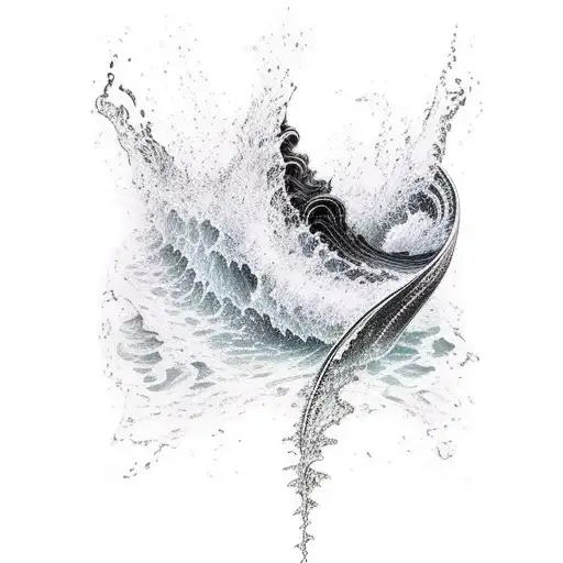 Ankle band dark black line on one side which fades to what looks like a realistic wave with water droples splashing tattoo design idea