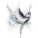 Ankle band dark black line on one side which fades to what looks like a realistic wave with water droples splashing tattoo design idea