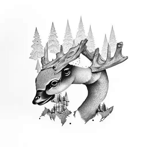 mountain, forest, river, ducks, deer, fish tattoo design idea