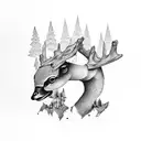 mountain, forest, river, ducks, deer, fish tattoo design idea