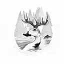 mountain, forest, river, ducks, deer, fish tattoo design idea