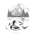 mountain, forest, river, ducks, deer, fish tattoo design idea