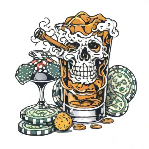Whiskey Glass, Poker Chips, Cigar smoke forming tattoo design idea