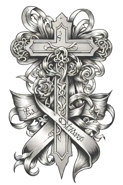 cross and ribbons with last name written tattoo design idea