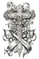 cross and ribbons with last name written tattoo design idea