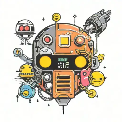 Black Band Tattoo With Pac-Man Eating Dots, Space Invader, DeLorean Time Machine, Halo Helmet, Xenomorph, HAL 9000 tattoo design idea