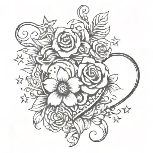 A tattoo design incorporating hearts, stars, and flowers to represent love and children, with a DIY art style twist tattoo design idea