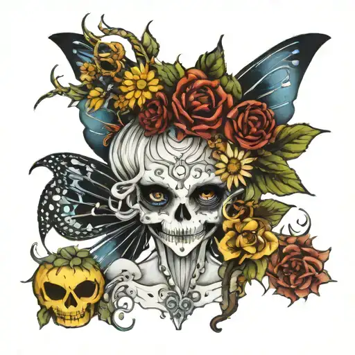 Skelton fairy with a crested moon. the moon has a bored of sun flowers on the left side and little fancy like garland ha tattoo design idea