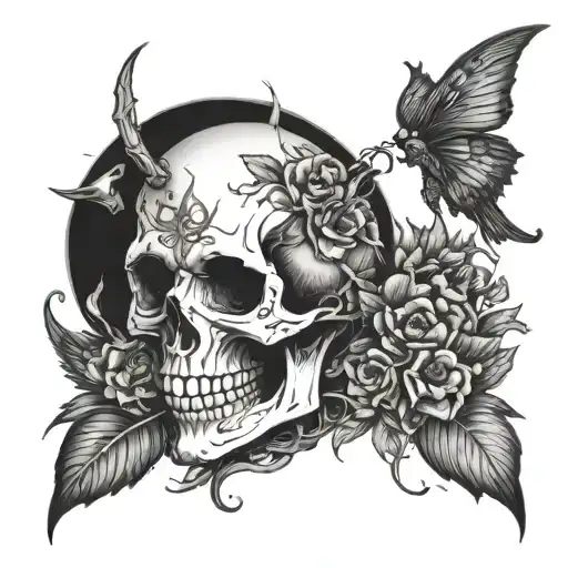 skull fairy with a crested moon. the moon has a bored of sun flowers on the left side and little fancy like garland hang tattoo design idea