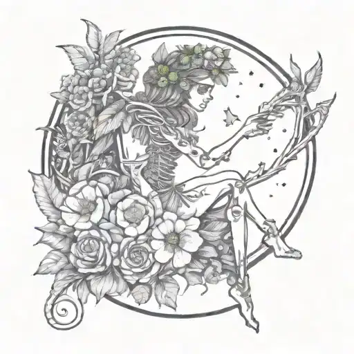 Skelton with fairy flower crown and fairy wins standing in front of a crescent moon. the moon tattoo design idea