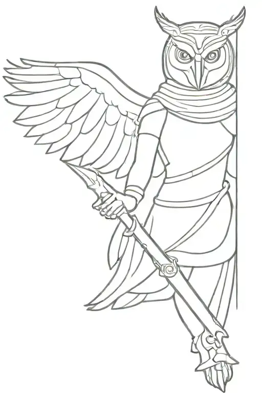 Athena in armour with owl flying tattoo design idea