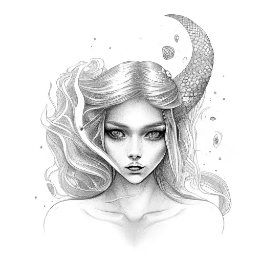 A mystical mermaid, with long hair, mysterious look, there should be small waves around her, all slightly in shades of b tattoo design idea