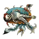 person floating in ocean with open ribcage and weird organs tattoo design idea