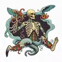 person floating in ocean with open ribcage and weird organs tattoo design idea