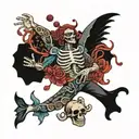 person floating in ocean with open ribcage and weird organs tattoo design idea