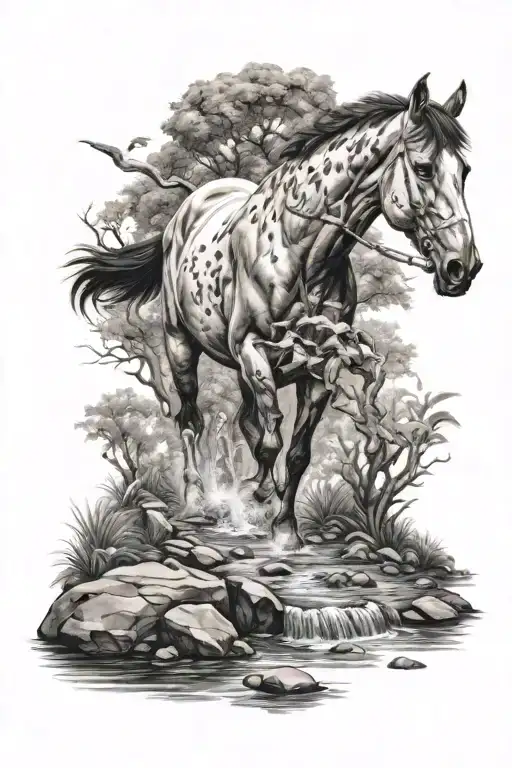 horse drinking water creek being hunted by predators tattoo design idea