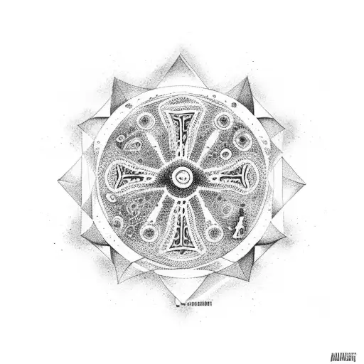 A dotwork illustration of a cosmic scene with a prominent cross in the center tattoo design idea