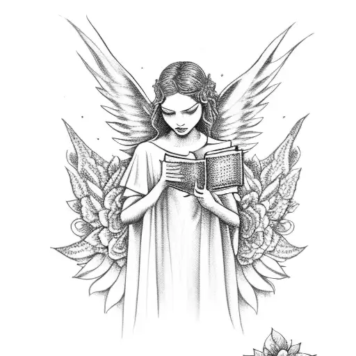 A dotwork tattoo of a majestic angel reading a Bible under a blooming rose bush tattoo design idea
