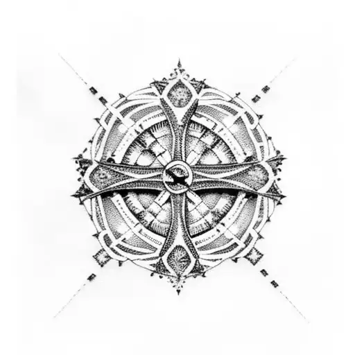 A cosmic cross surrounded by intricate dotwork patterns tattoo design idea