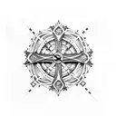A cosmic cross surrounded by intricate dotwork patterns tattoo design idea