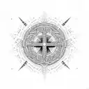 A cosmic cross surrounded by intricate dotwork patterns tattoo design idea