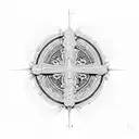 A cosmic cross surrounded by intricate dotwork patterns tattoo design idea