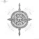 A cosmic cross surrounded by intricate dotwork patterns tattoo design idea