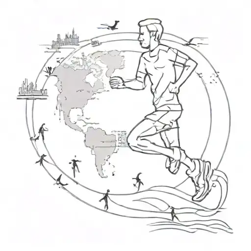A minimalist design of a marathon runner silhouette with a trail of footprints leading to different landmarks around the world, symbolizing your love for running marathons around the world and traveling tattoo design idea