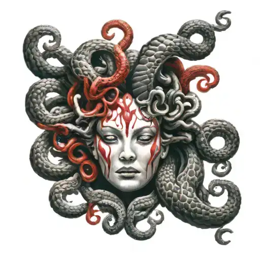 Medusa hand tattoo combination of black and red tattoo design idea