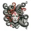 Medusa hand tattoo combination of black and red tattoo design idea