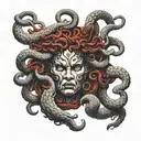 Medusa hand tattoo combination of black and red tattoo design idea