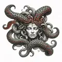 Medusa hand tattoo combination of black and red tattoo design idea