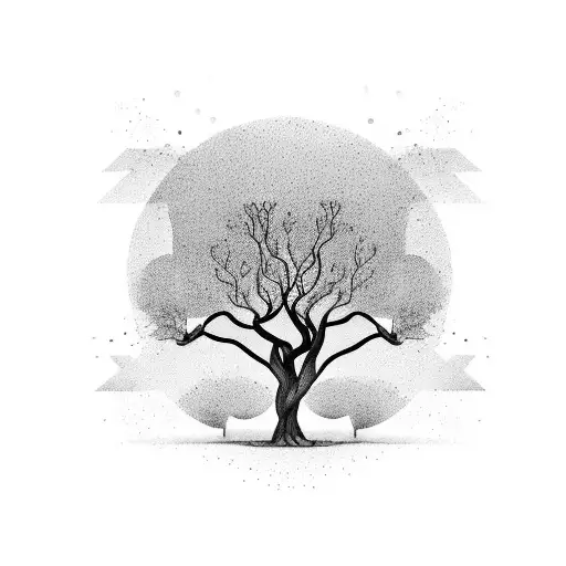 A black-grey tattoo of a olive tree circle by dot work tattoo design idea