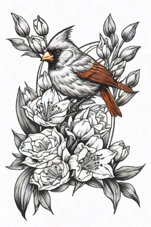 cardinal and tulips tattoo design idea