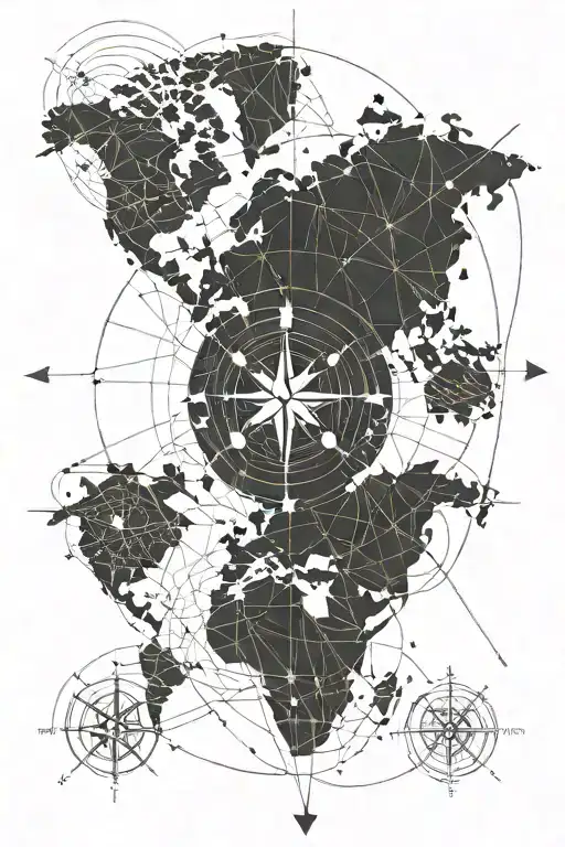 A minimalist outline of a world map with a compass rose, representing your love for travelling tattoo design idea