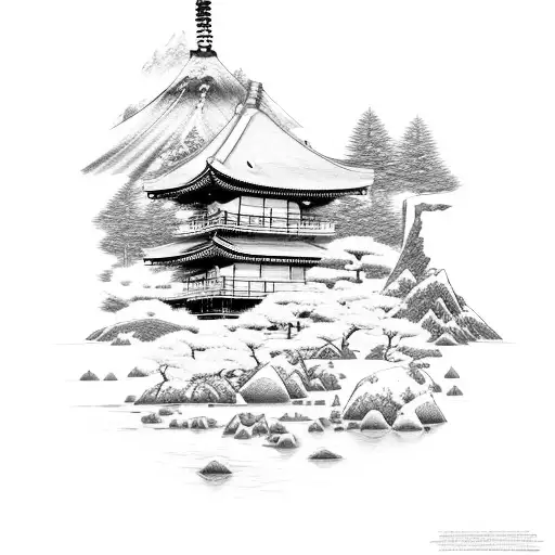 A serene landscape of a Japanese mountain with a hidden mon fils inscription tattoo design idea