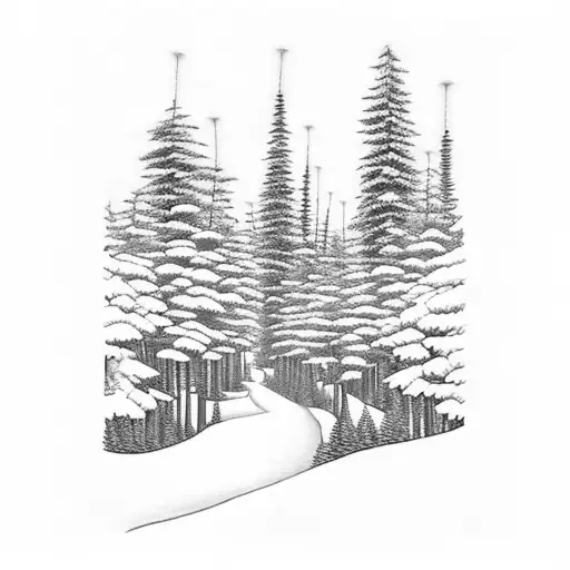 A ski trail winding through a forest filled with Japanese lanterns, with mon fils William's initials hidden in the background tattoo design idea
