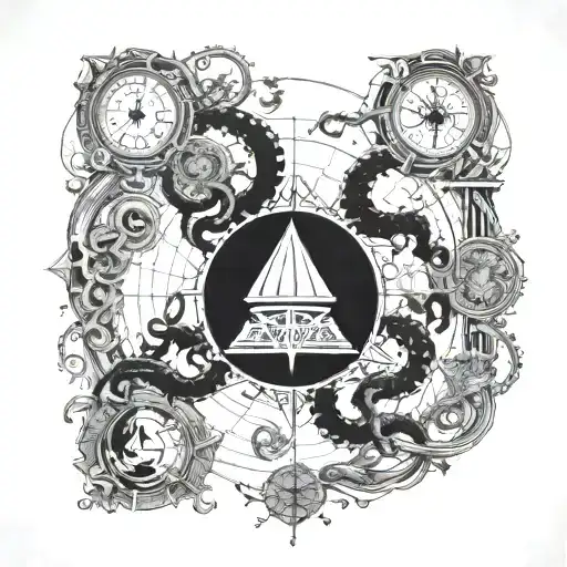 A detailed and intricate map leading to hidden treasures, with the Eye of Cthulhu lurking in the shadows tattoo design idea