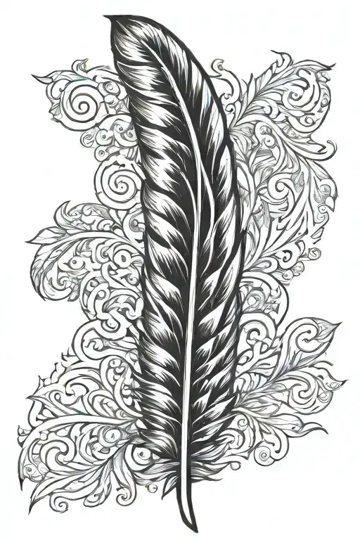 buzzard feather with three part scroll wraped tattoo design idea
