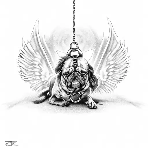 demon dog on a chain leash being held by angel of death tattoo design idea
