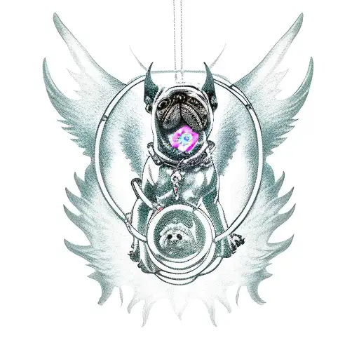 demon dog on a chain leash being held by angel of death tattoo design idea