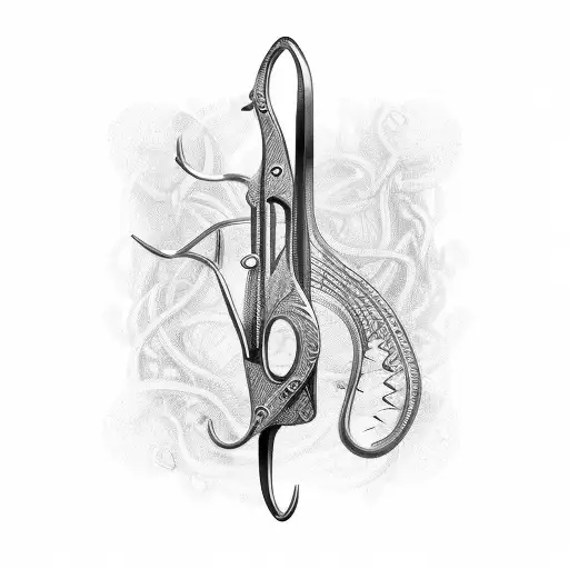 An intricate design of fishing hooks intertwined with guitar strings, symbolizing the client's passion for both fishing and music tattoo design idea