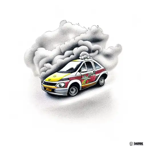 Ford Ka from 1999 with smoke coming from rear windows tattoo design idea