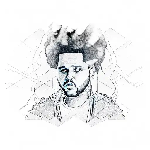 A portrait of The Weeknd with abstract musical waveforms surrounding him tattoo design idea