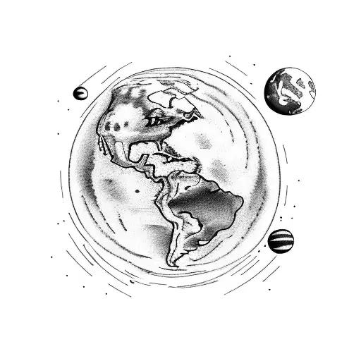 planet earth with the words "in the eyes of the world" written in scandia thin font around it, repeating itself tattoo design idea
